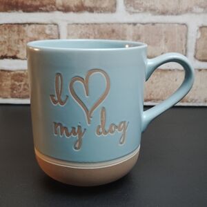 I Love My Dog Coffee Mug Stoneware Ceramic Blue Brown